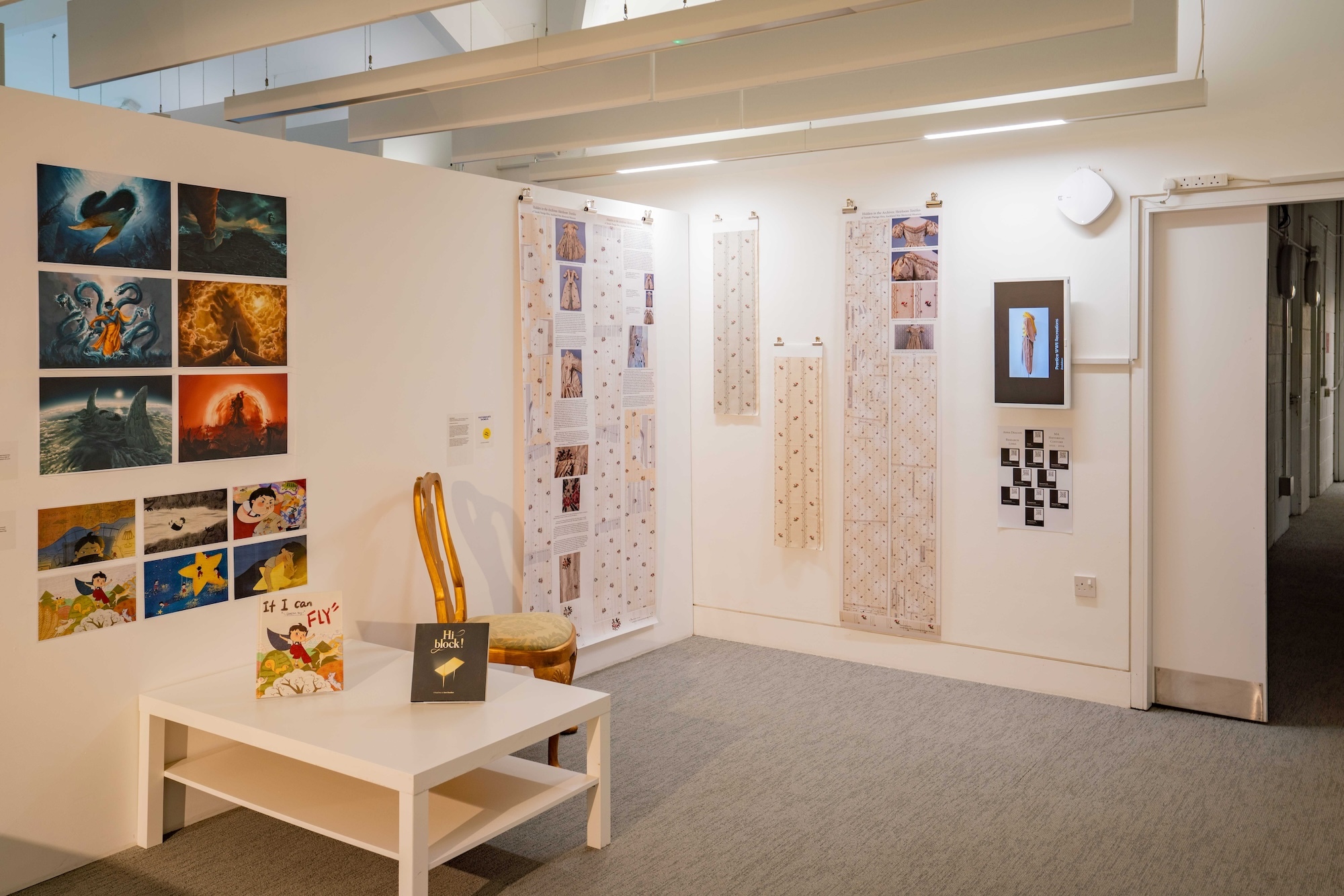 A selection of illustrations and print making work on display at TheGallery, Arts University Bournemouth, at the 2024 Postgraduate Winter Show.