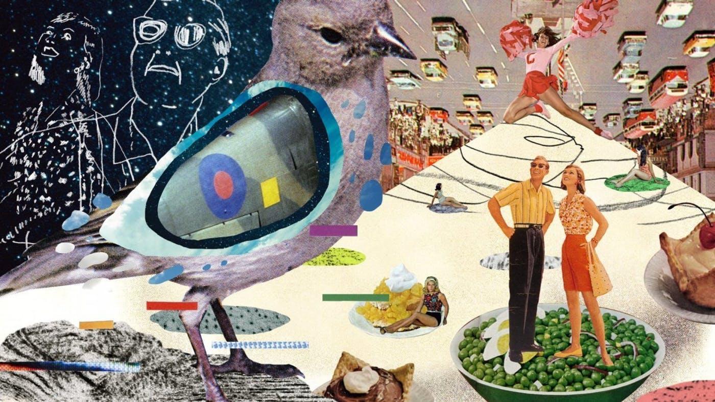 A collage showing a collection of images including human faces in the night sky, a bird chick with an aircraft wing, two people in 1950s-style dress standing on a bowl of peas, a cheerleader jumping above them, and a road with cars viewed from upside-down.