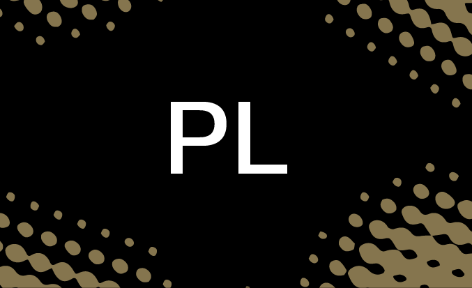 Black tile with gold pixellated accents and the initials PL in the centre.