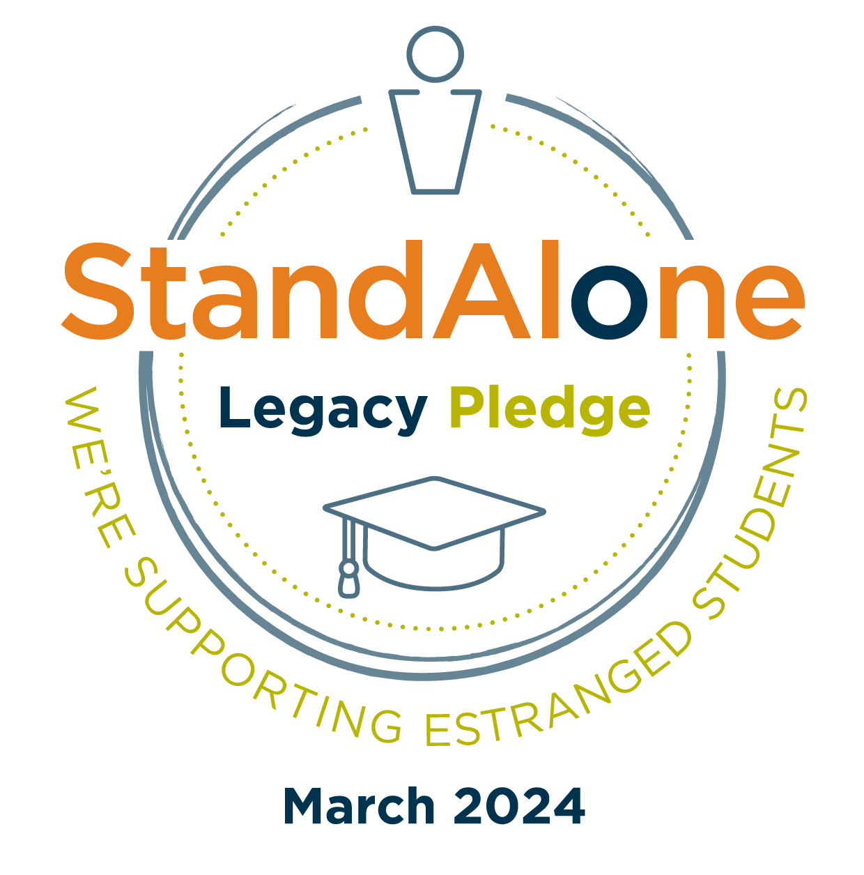 Logo depicting a person icon at the top of a circle with a graduation hat inside it. Text reading "Stand Alone Legacy Pledge" appears within the circle. Text reading "We're supporting estranged students" appears around the bottom of the circle.