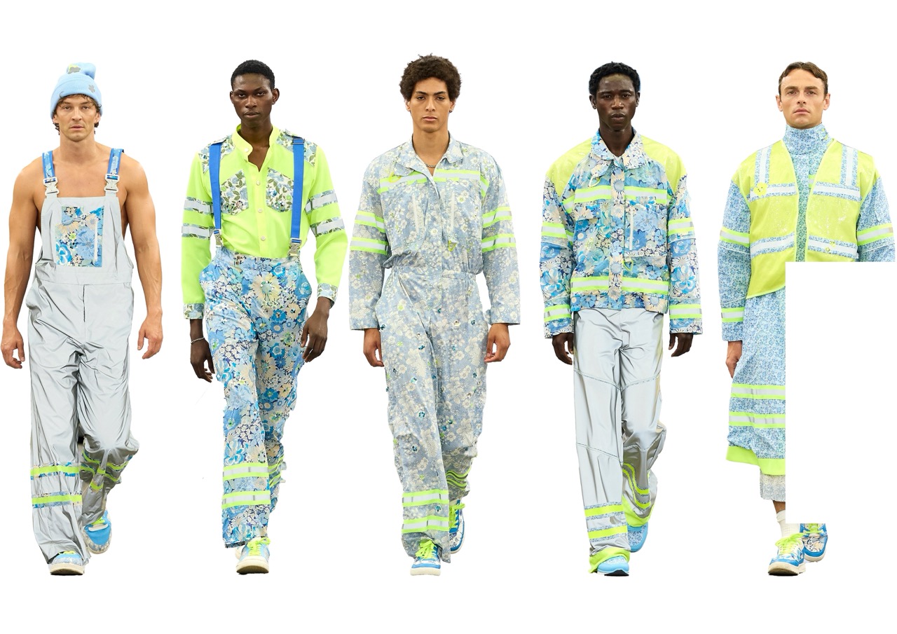 Five male models wear patchwork blue and lime-green outfits against a plain white background.