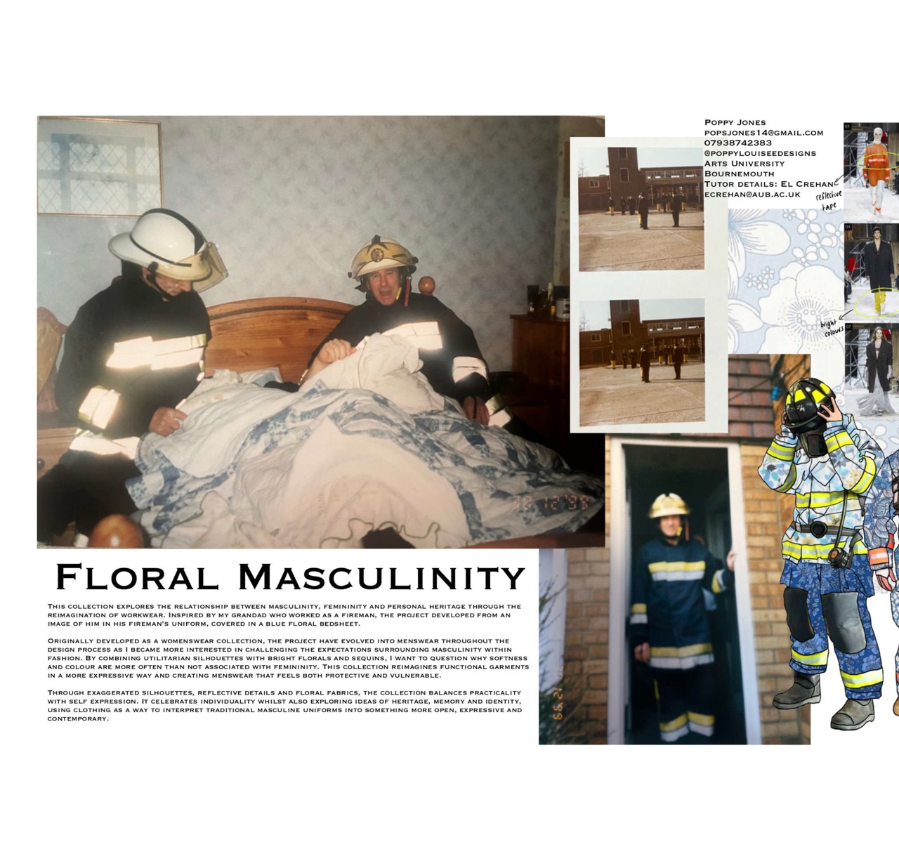 A collage shows two firefighters on a bed beside a floral duvet, with reference photos and a full-body firefighter illustration on the right, above the title Floral Masculinity.