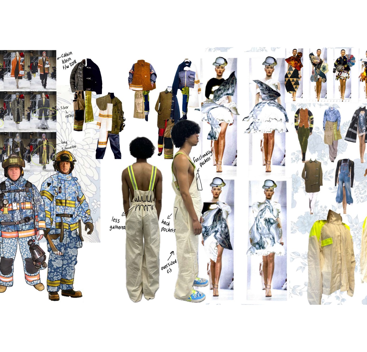 A fashion mood board with collaged runway looks, including illustrated outerwear, patterned outfits and two model views in the centre against a white background.
