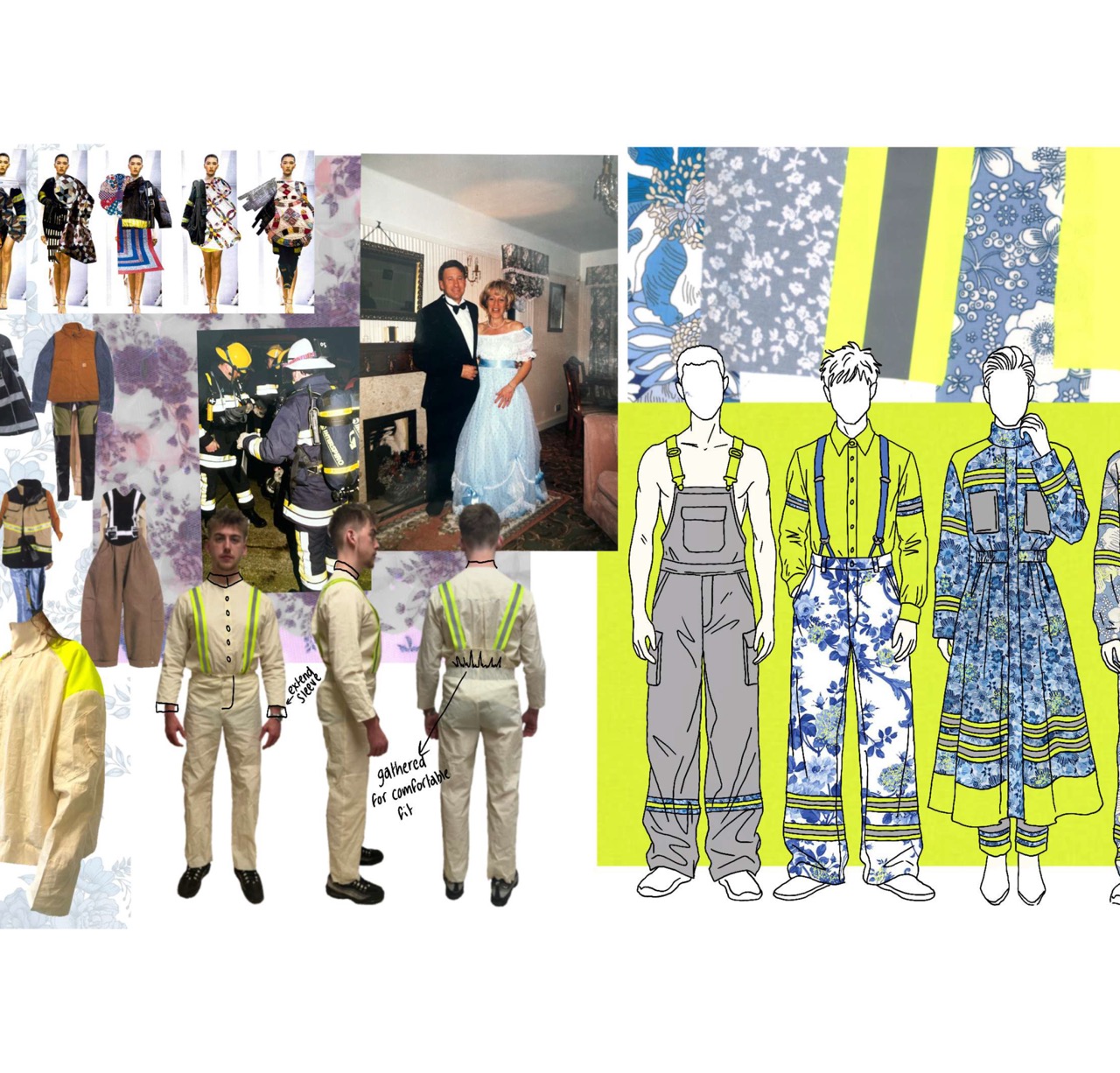 A fashion mood board showing assorted outfit sketches, garment collages and a small wedding photo, with several drawn figures in workwear on a bright yellow panel.