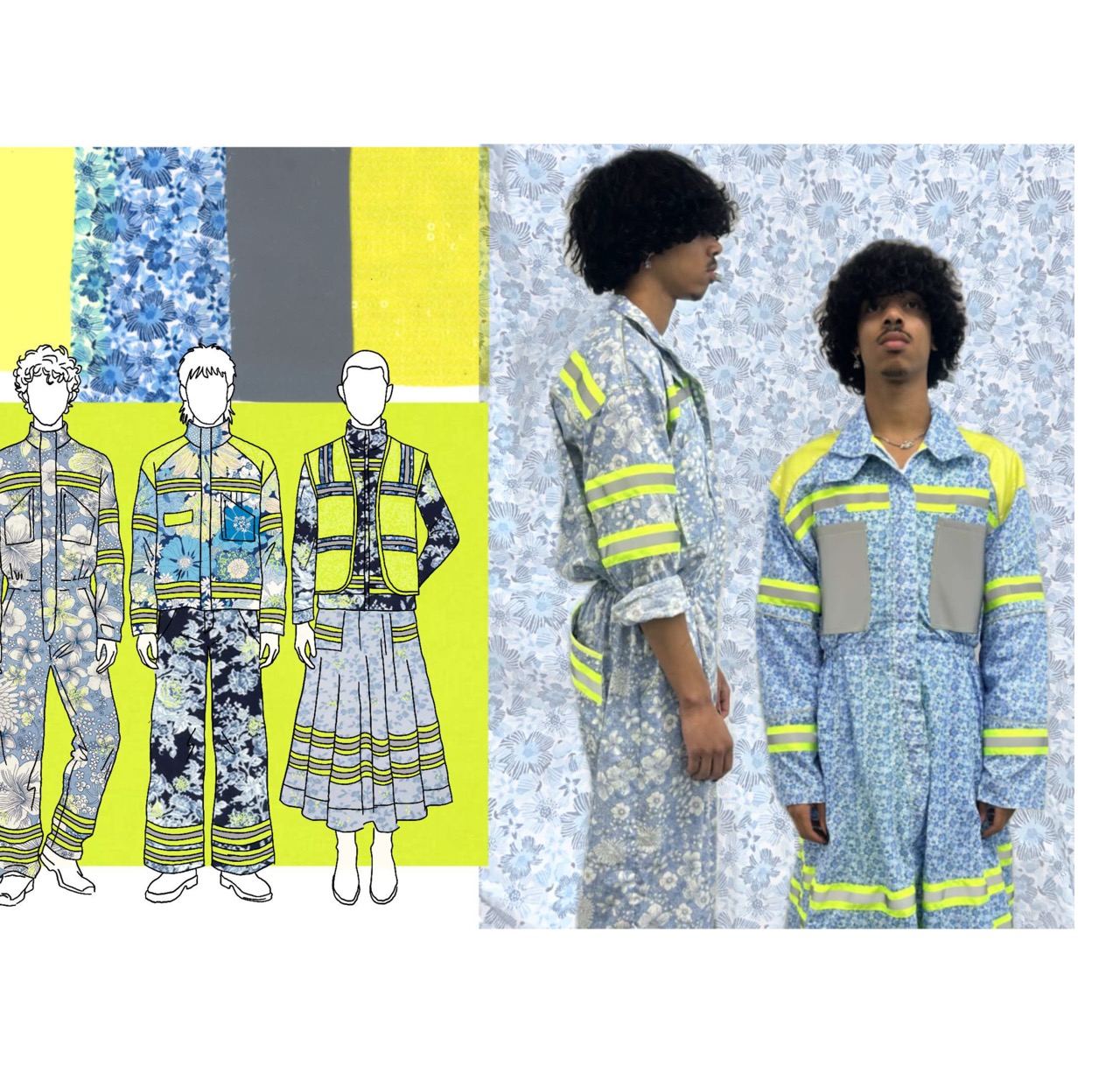 Two models wear patterned high-visibility coveralls, standing against floral wallpaper beside a fashion sketch of the same outfits.