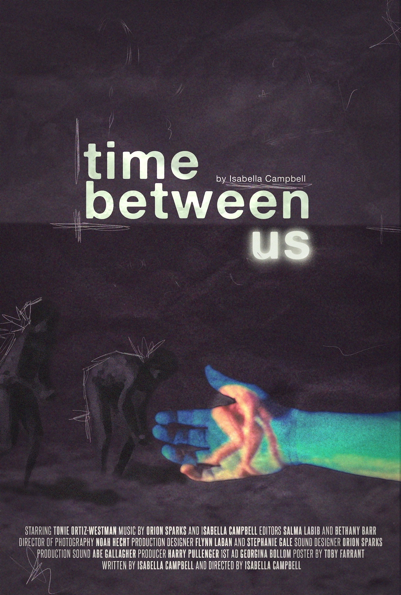 Film poster with purple-dark background, white text "time between us" by Isabella Campbell, two hands reaching towards each other in blue-green and orange tones at bottom, white credits text below.
