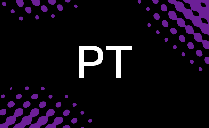 Black and purple banner with the white text "PT" in the centre.