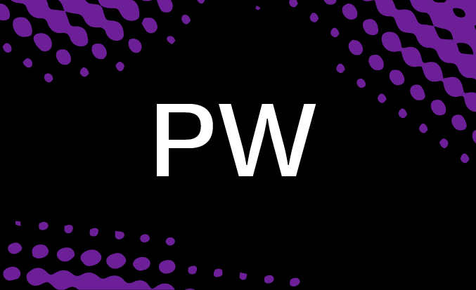 Black tile with purple pixellated accents and the initials "PW" in the centre.