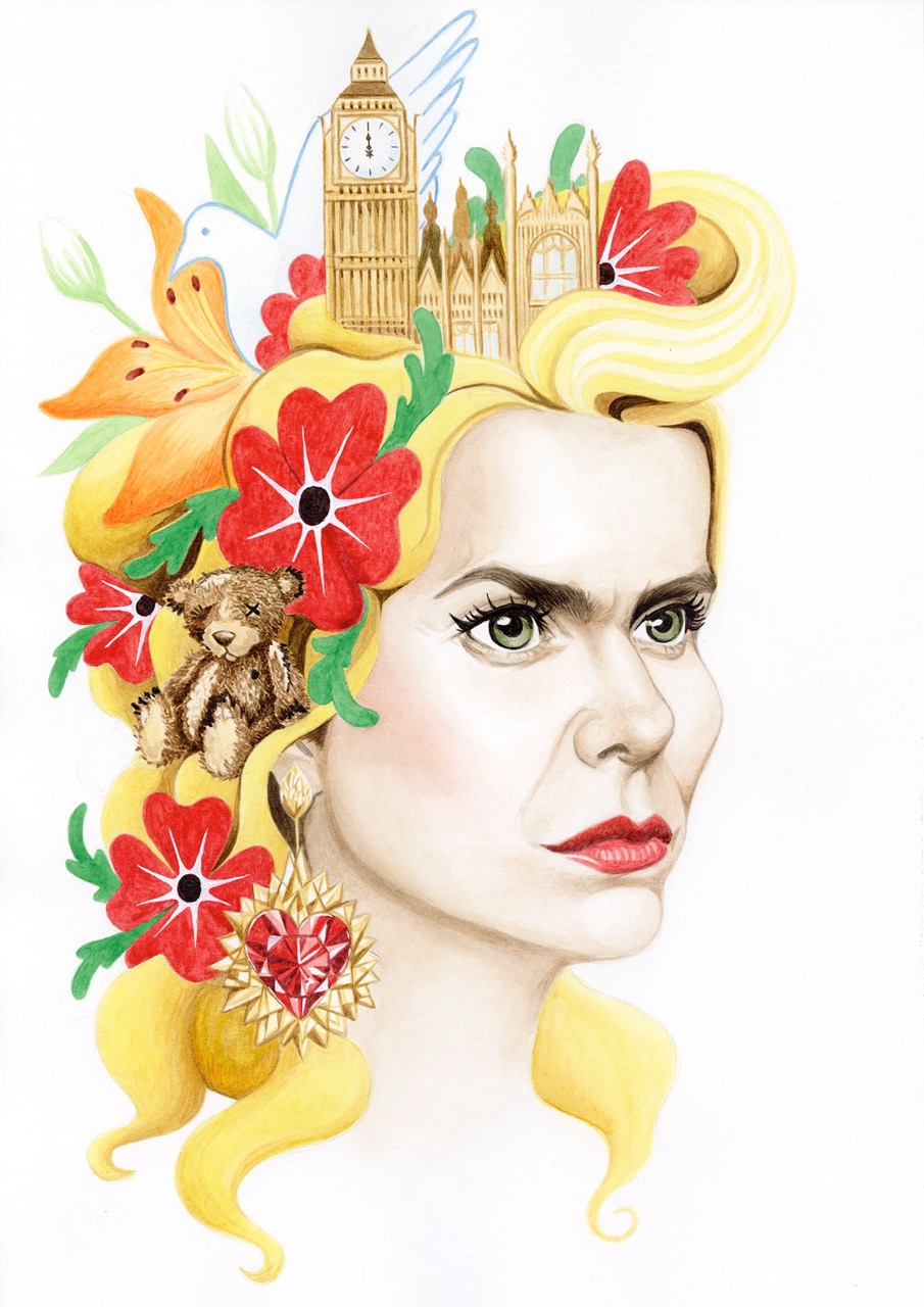A stylised portrait of a woman with blonde hair, decorated with red flowers and a small teddy bear, with Big Ben and other London landmarks in her hair against a white background.