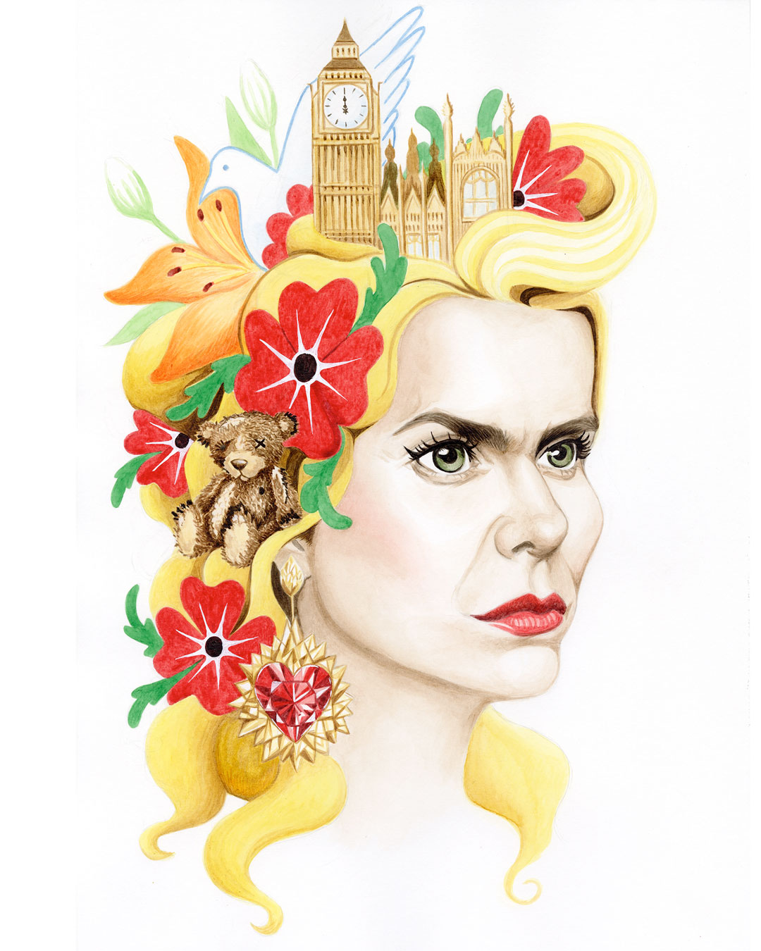 An illustrated female face in profile with blonde hair decorated with red flowers, a teddy bear, and Big Ben against a white background.
