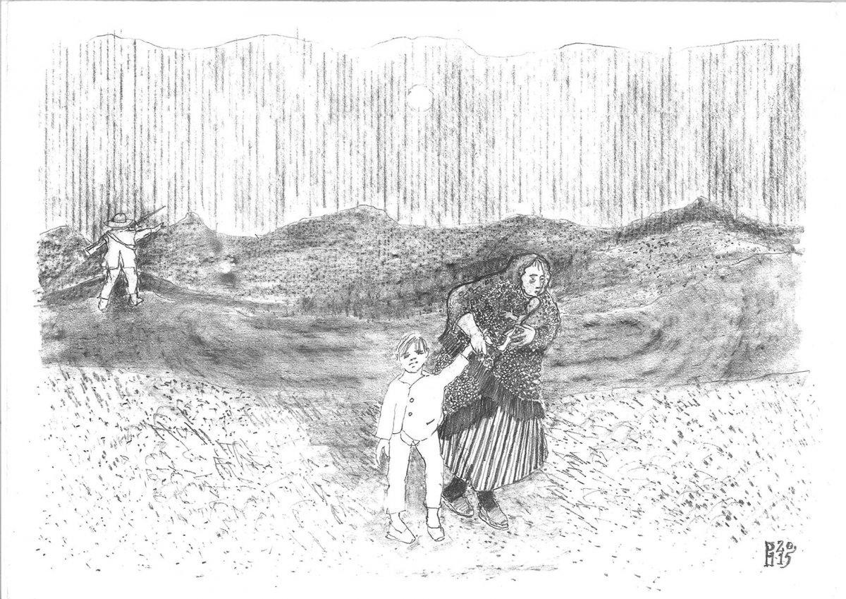 Pencil sketch of a women holding a child's hand as they walk through a field
