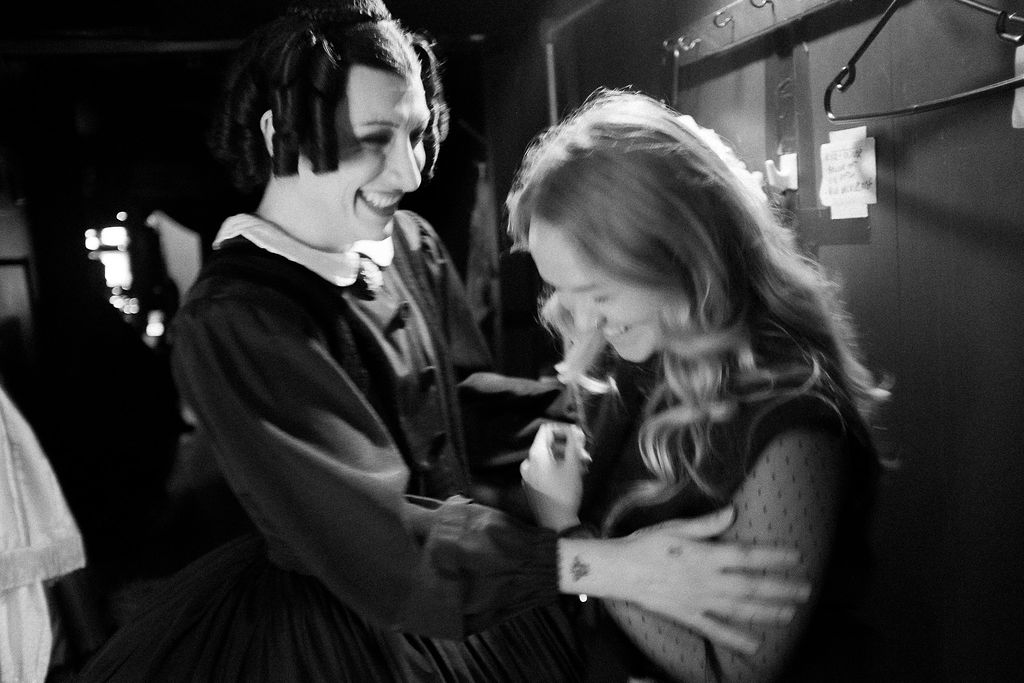 M A Park and P Spear laughing backstage on "Oh Mary!"