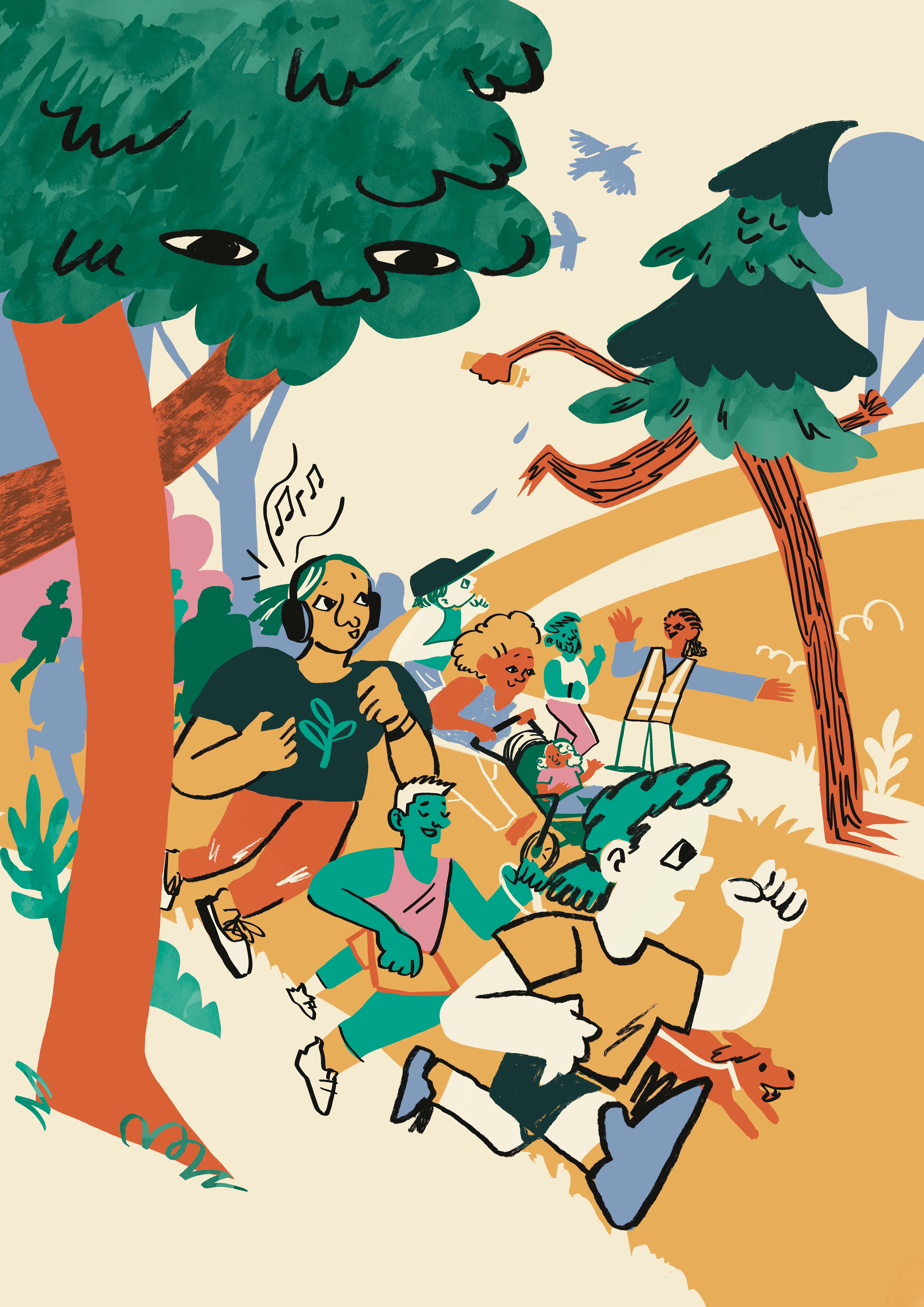 Colourful cartoon illustration showing children running on sandy ground between green trees with dark canopies and orange trunks.