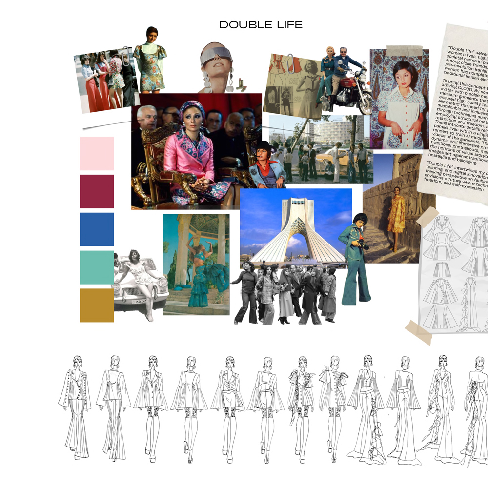 Collage with "DOUBLE LIFE" text, colour swatches, vintage photographs, architectural image, and fashion sketches below