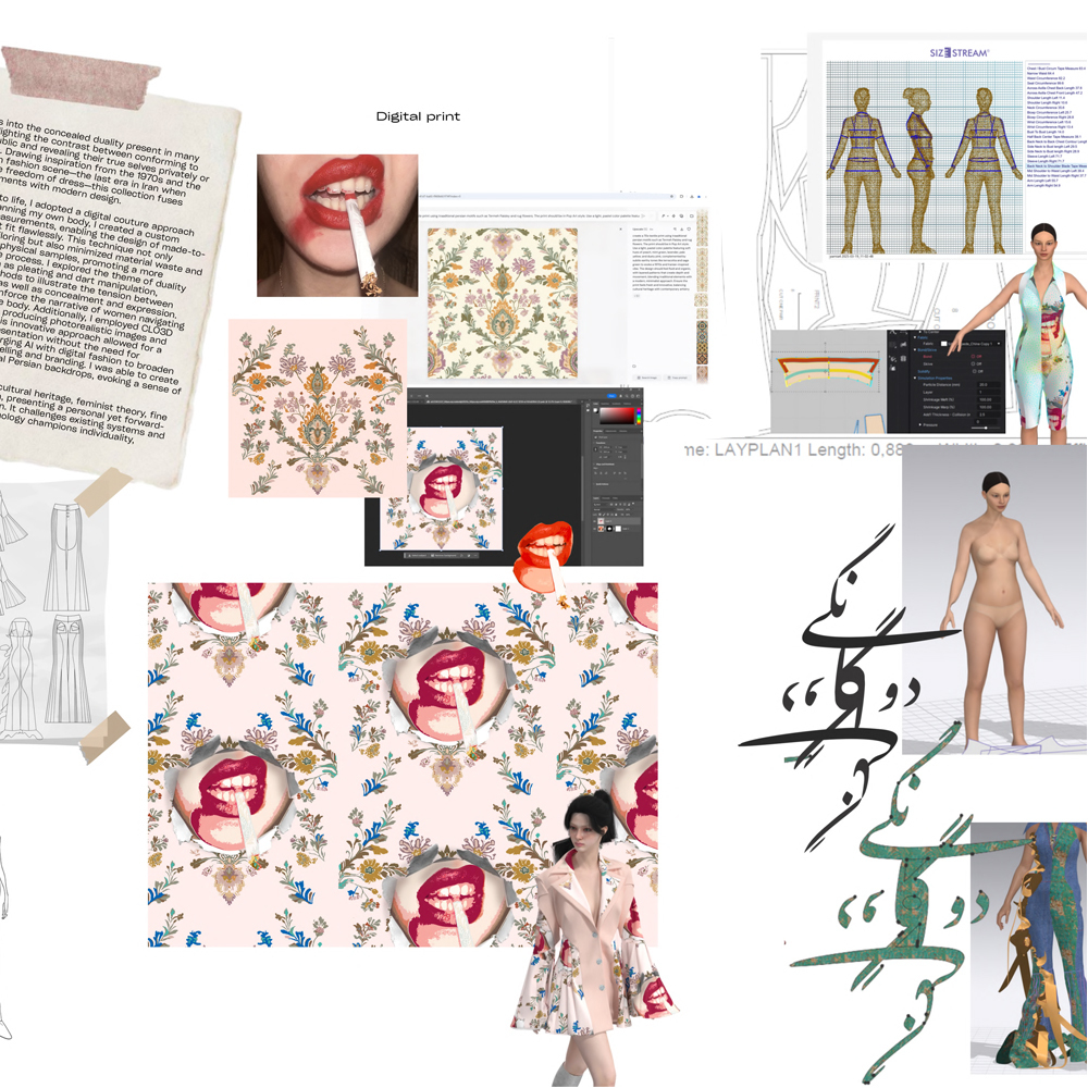 Design mood board with floral patterns, red lips motif, fashion sketches, body references, and Arabic calligraphy in black ink.