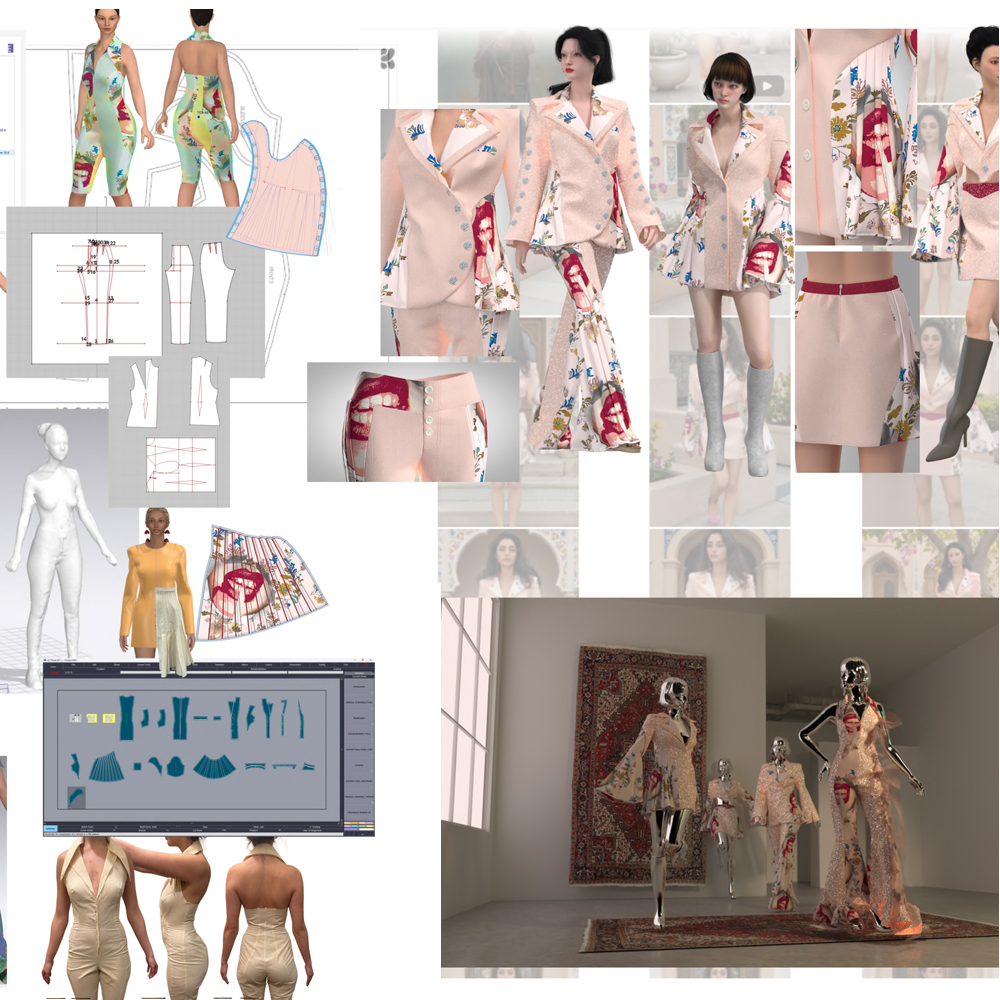 Fashion design mood board showing pink and red patterned garments, technical sketches, colour palettes, and runway models in contemporary clothing designs.