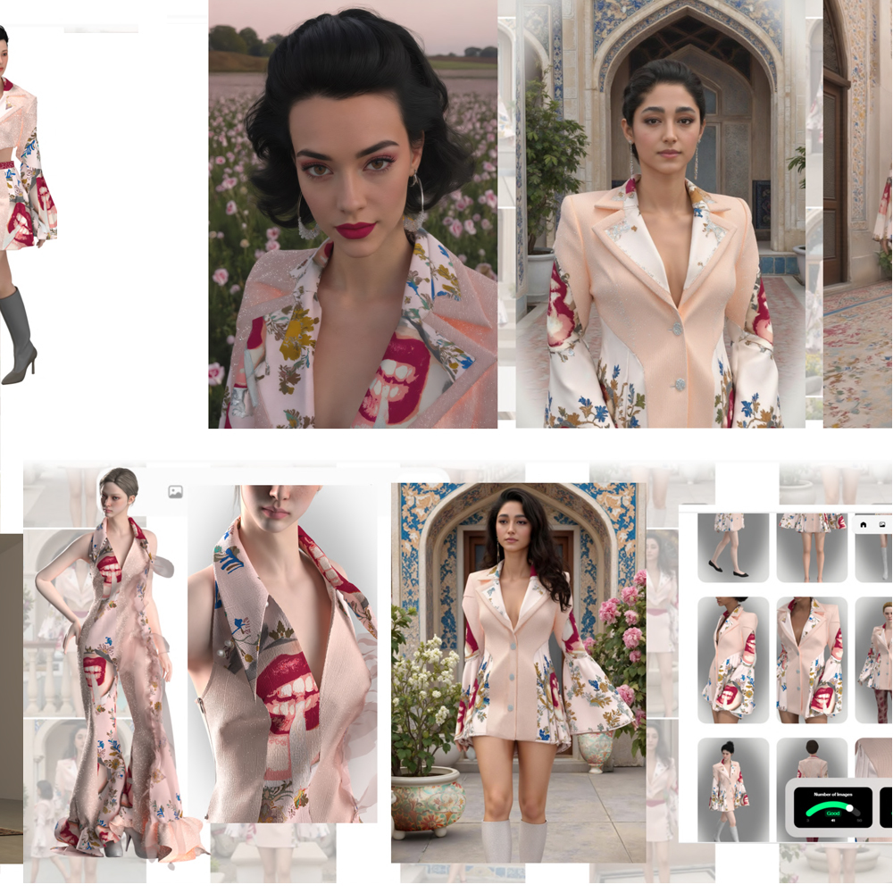 Grid of fashion images showing models in pale pink blazer dresses with colourful floral prints, set against ornate archway backgrounds.