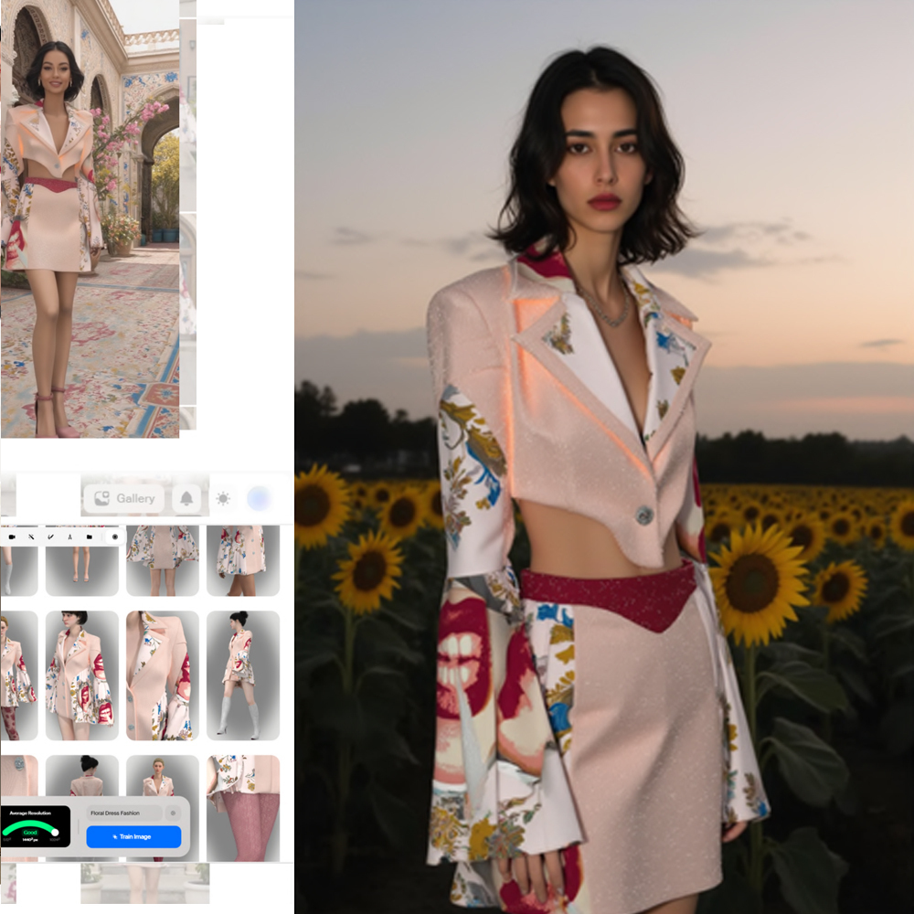 Woman in floral blazer and burgundy top poses in sunflower field at sunset, with smaller outfit photos visible on left side.
