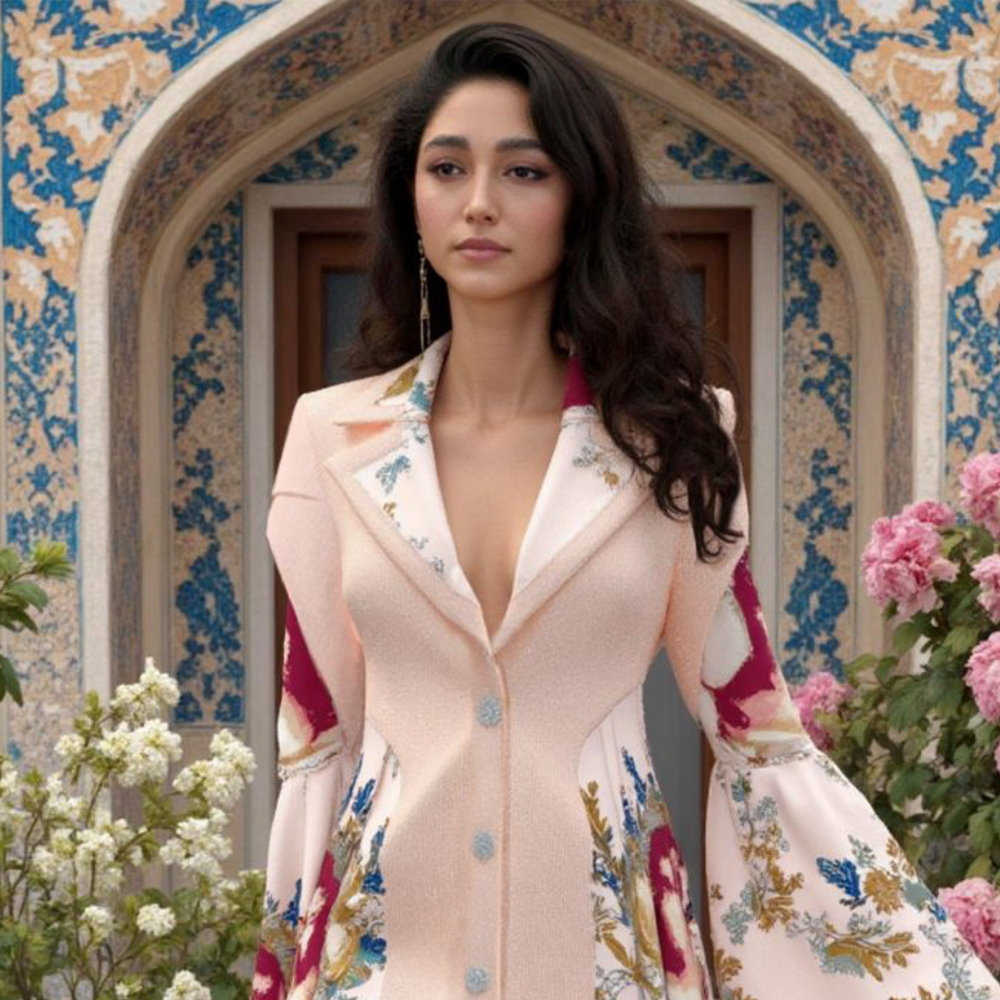 3D render of a woman in pink floral blazer standing before ornate arched doorway with blue and cream mosaic tiles, surrounded by white and pink flowers.