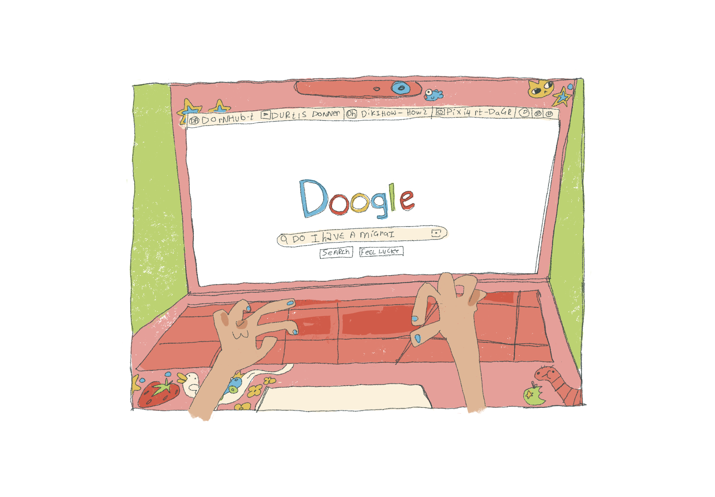 Still image from Parrots-Eat-Em-All showing illustrated pink laptop and 'Doogle' homepage.