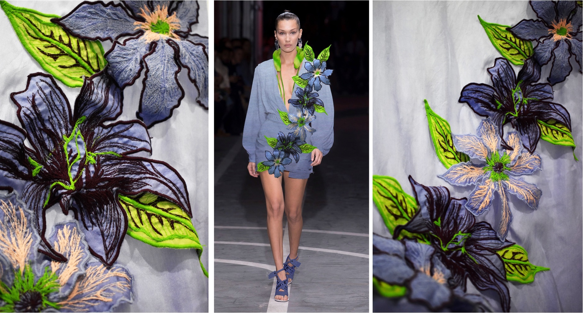 Three panels of textiles work and a model wearing it down a runway.