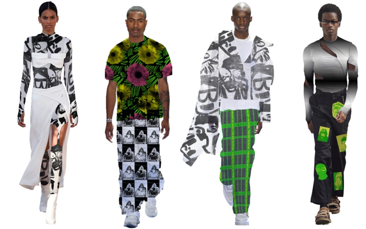 A collage of four models wearing different textile fashion, green, black and white