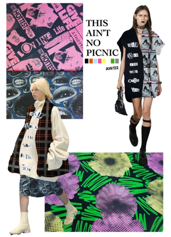 A textile collage with flowery visuals featuring the words 'this ain't no picnic'