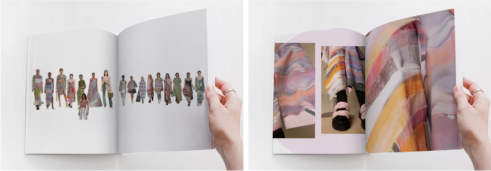 A textile book showing collages of different dresses and models.