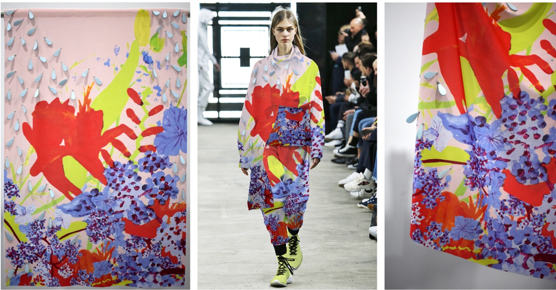 Three panels of textiles work and a model wearing it down a runway.