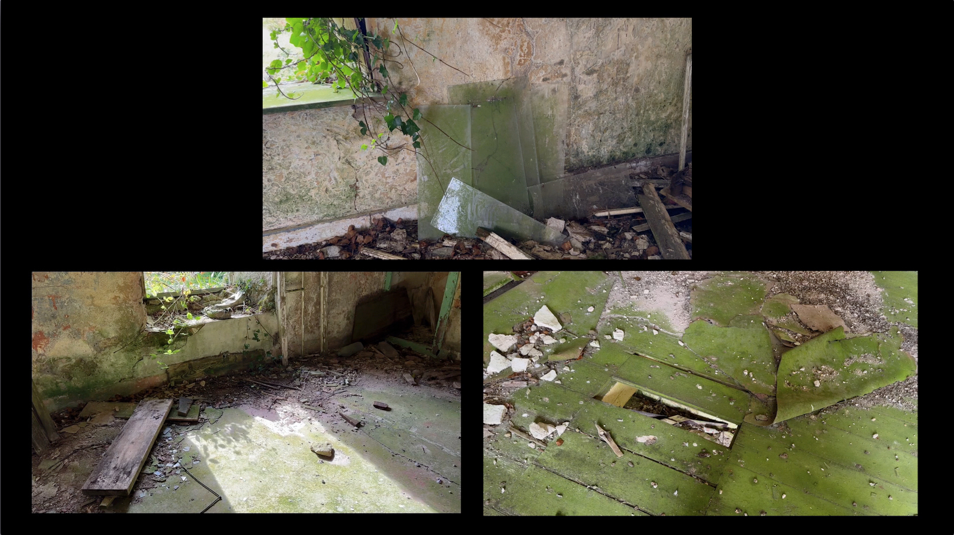 Derelict concrete structure with green algae-covered water, debris, and deteriorating walls shown in three views.
