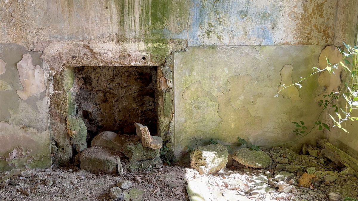Abandoned interior with crumbling stone fireplace, weathered walls in green and beige tones, debris on floor, overgrown vegetation visible.