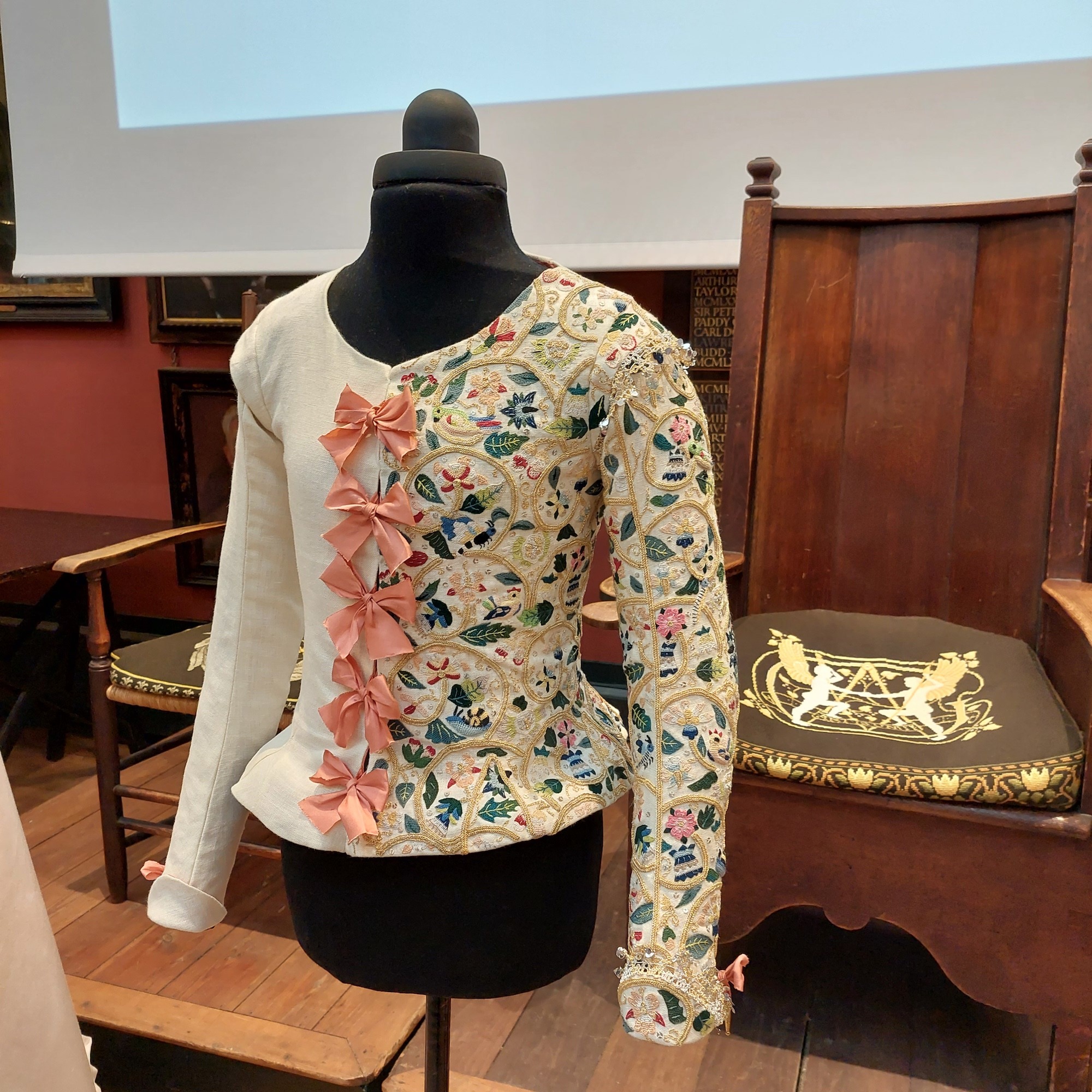 A 17th century embroidered jacket displayed on a mannequin at the 2023 Patterns of Fashion Awards.