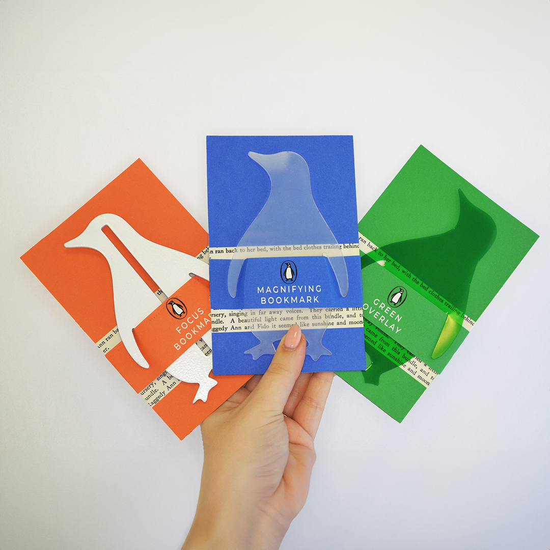 Product design for penguin-shaped book magnifiers from Penguin Books, orange, blue and green.
