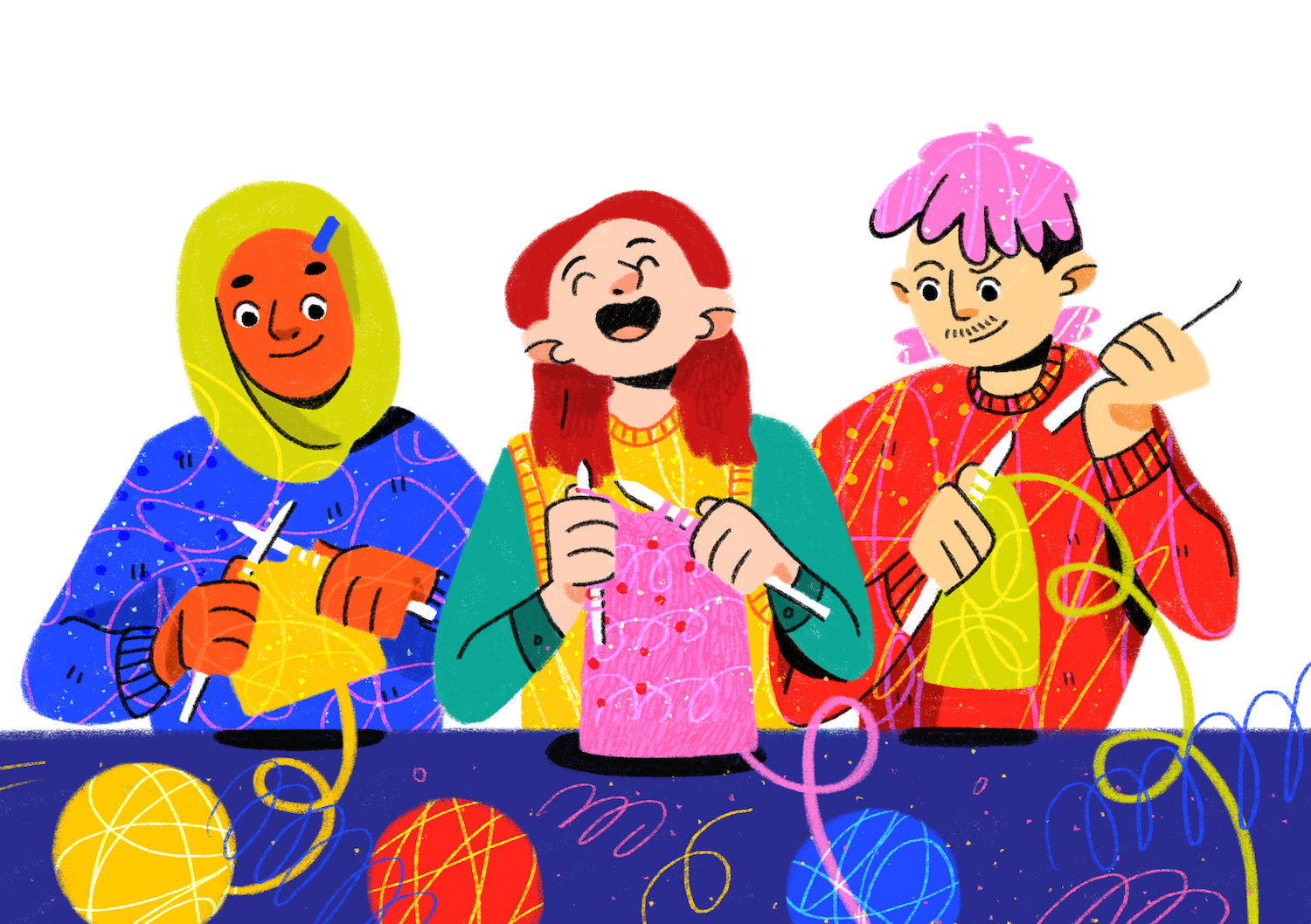 Illustration of three people sitting at a table knitting from separate colourful balls of yarn.