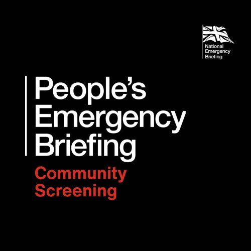 Black tile with white text reading "People's Emergency Briefing" and red text underneath it reading "Community Screening".