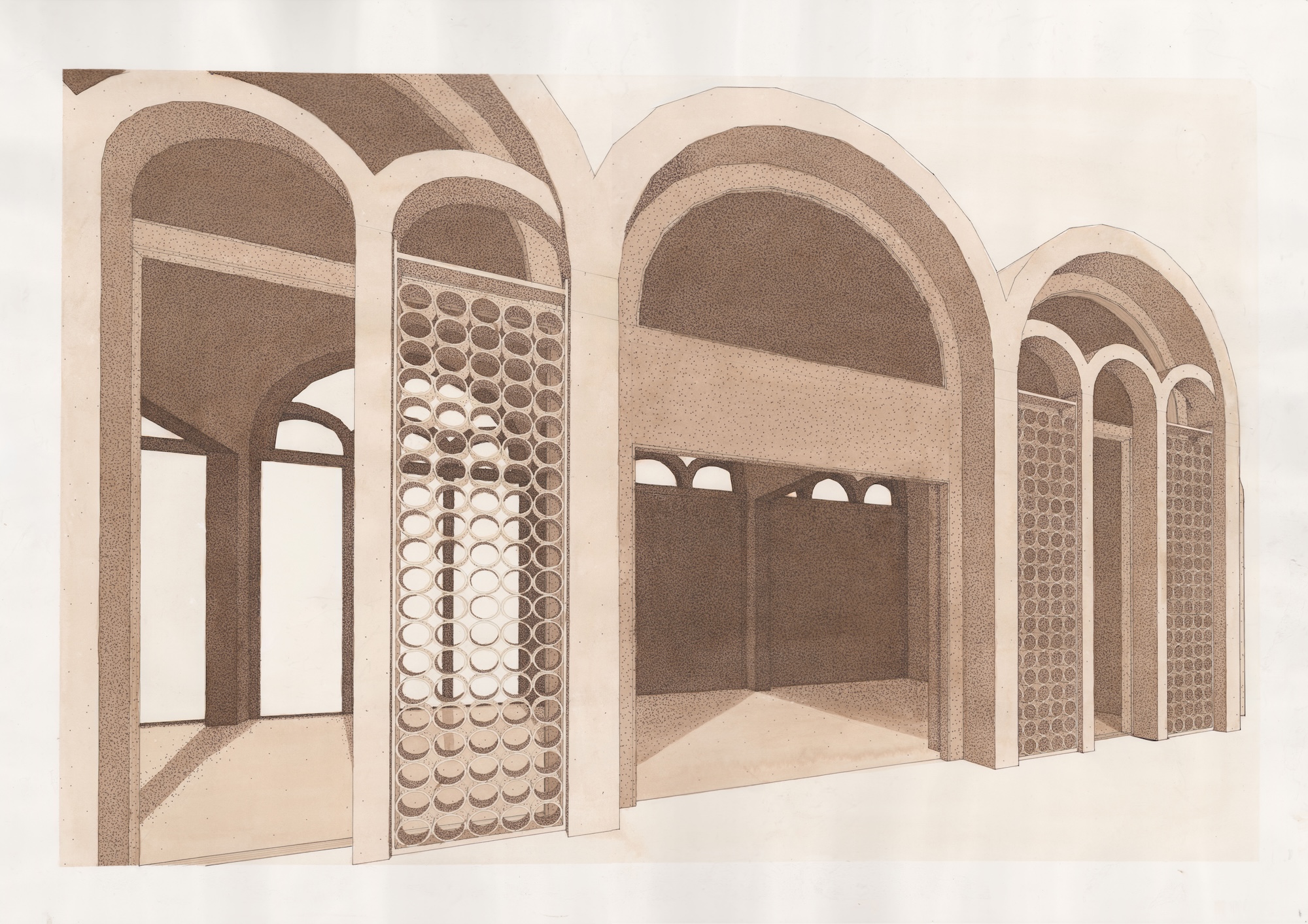 Sepia-toned drawing of three arched doorways and windows, leading into a hallways with more arches.
