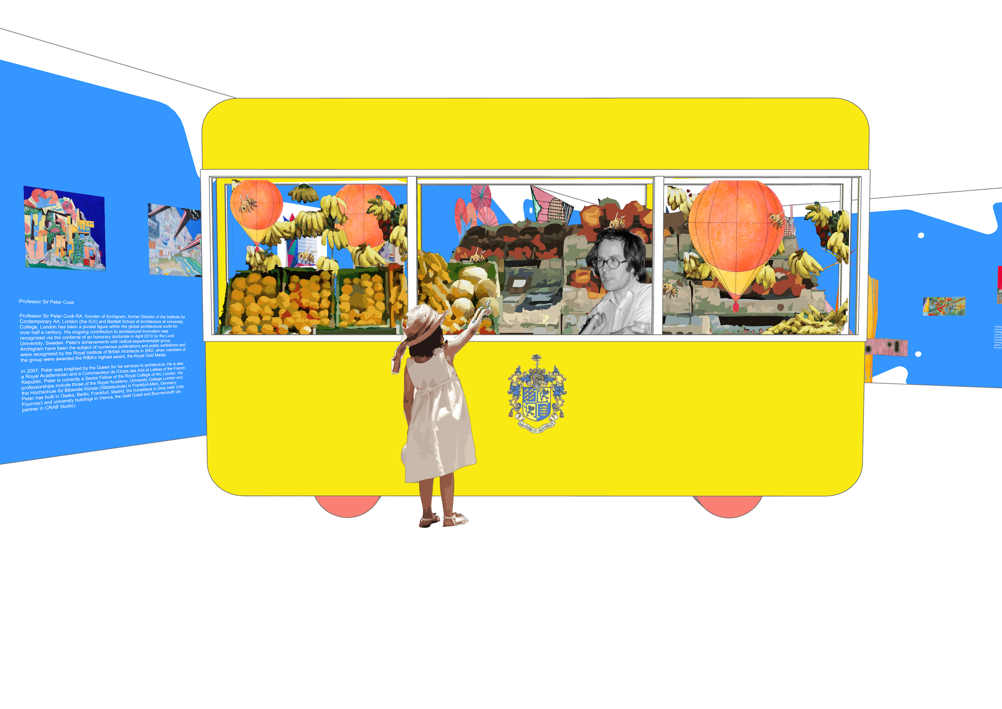 Person standing before yellow caravan-shaped display with colourful panels showing food items against blue museum wall.