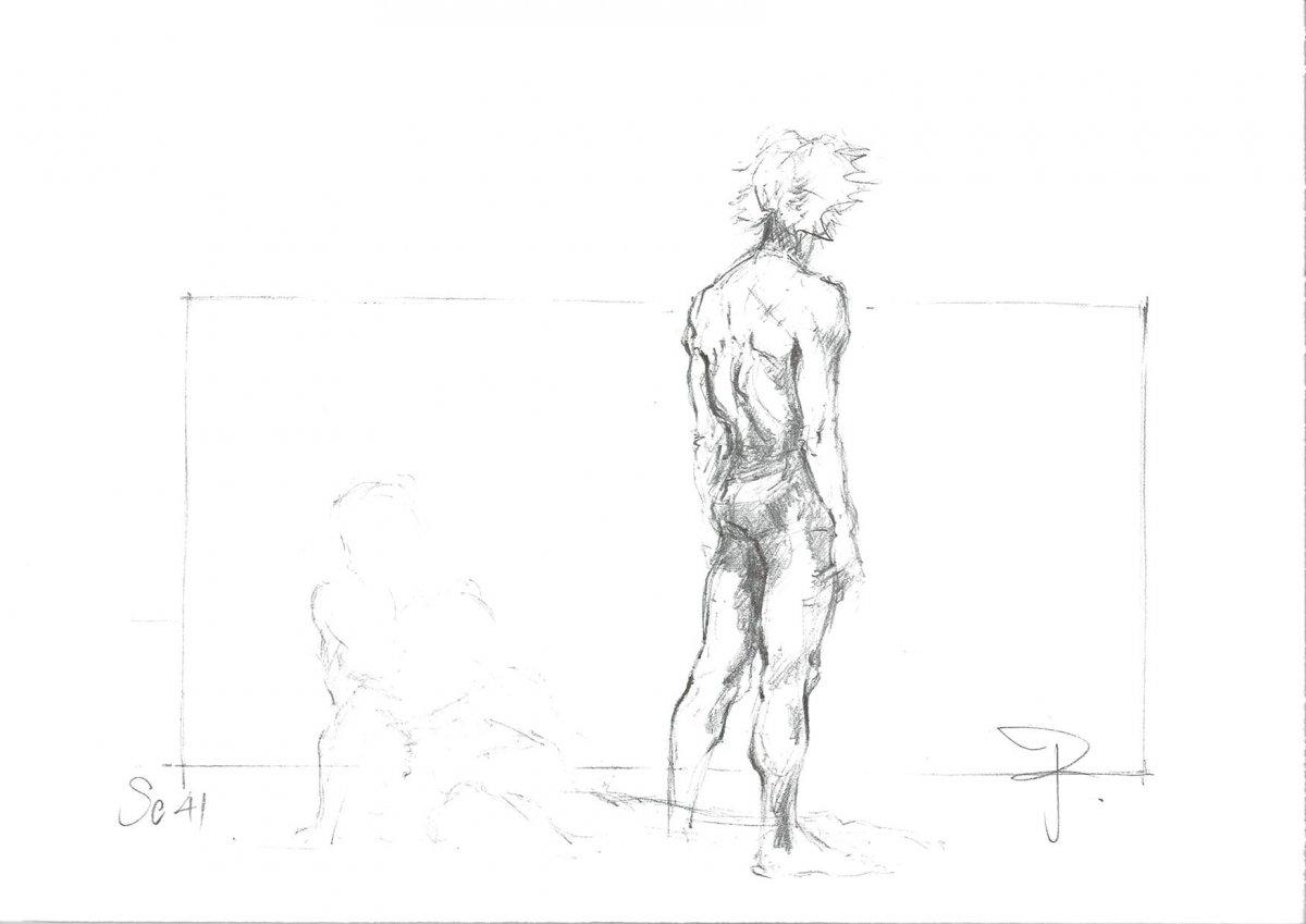 Pencil sketch of man from behind