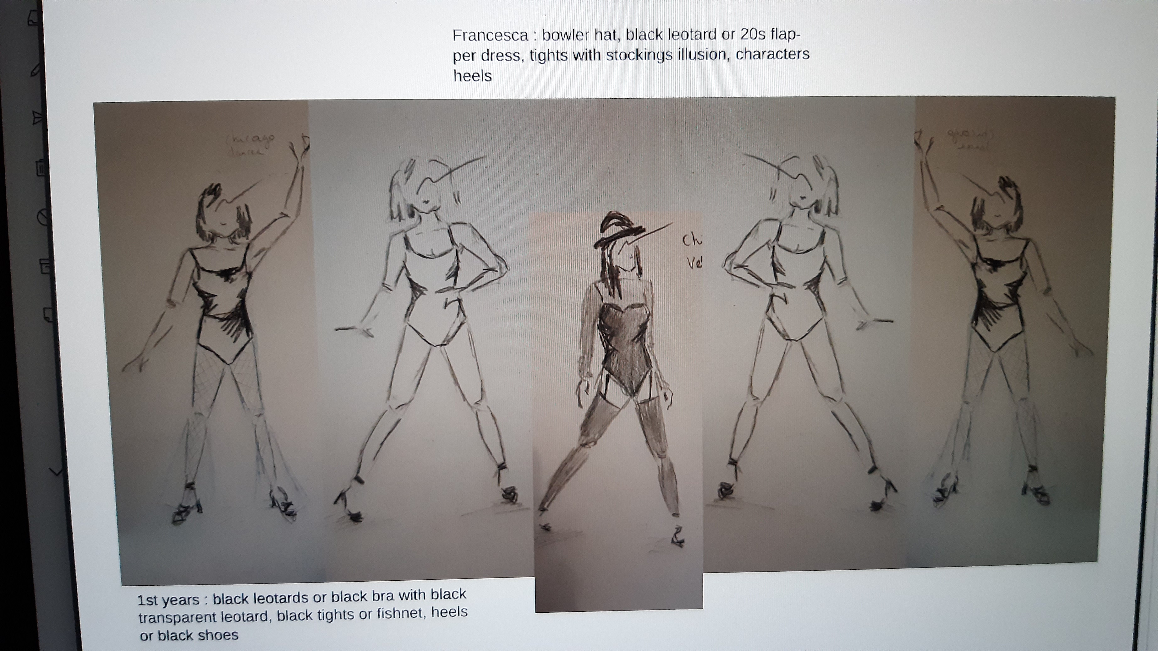 Screenshot showing five line drawings of female costume designs for a production of Chicago. Lines of text appear in the top-centre and bottom-left.
