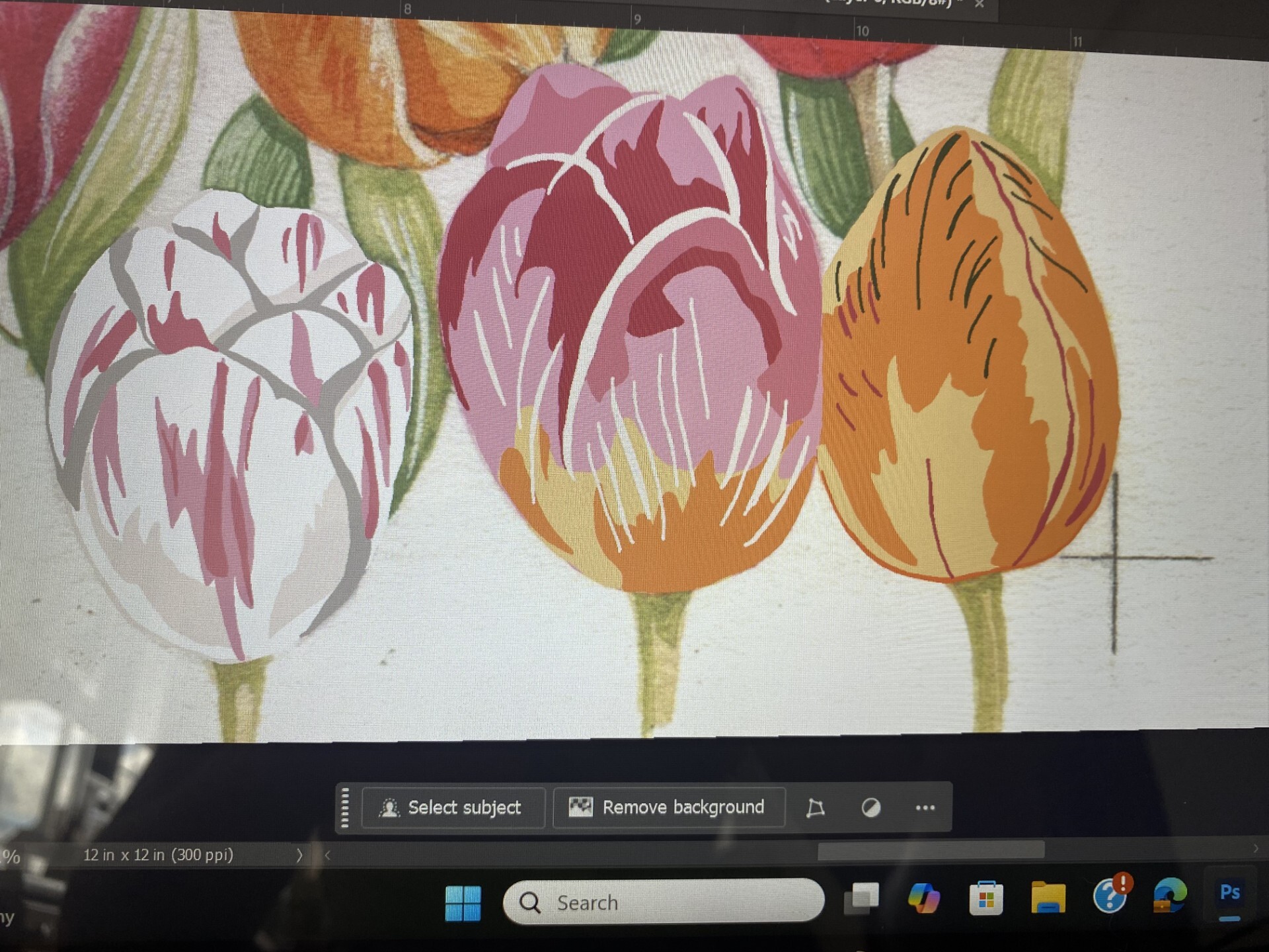 Watercolour painting of three tulip buds on green stems with pink, purple, and orange petals displayed on computer screen.