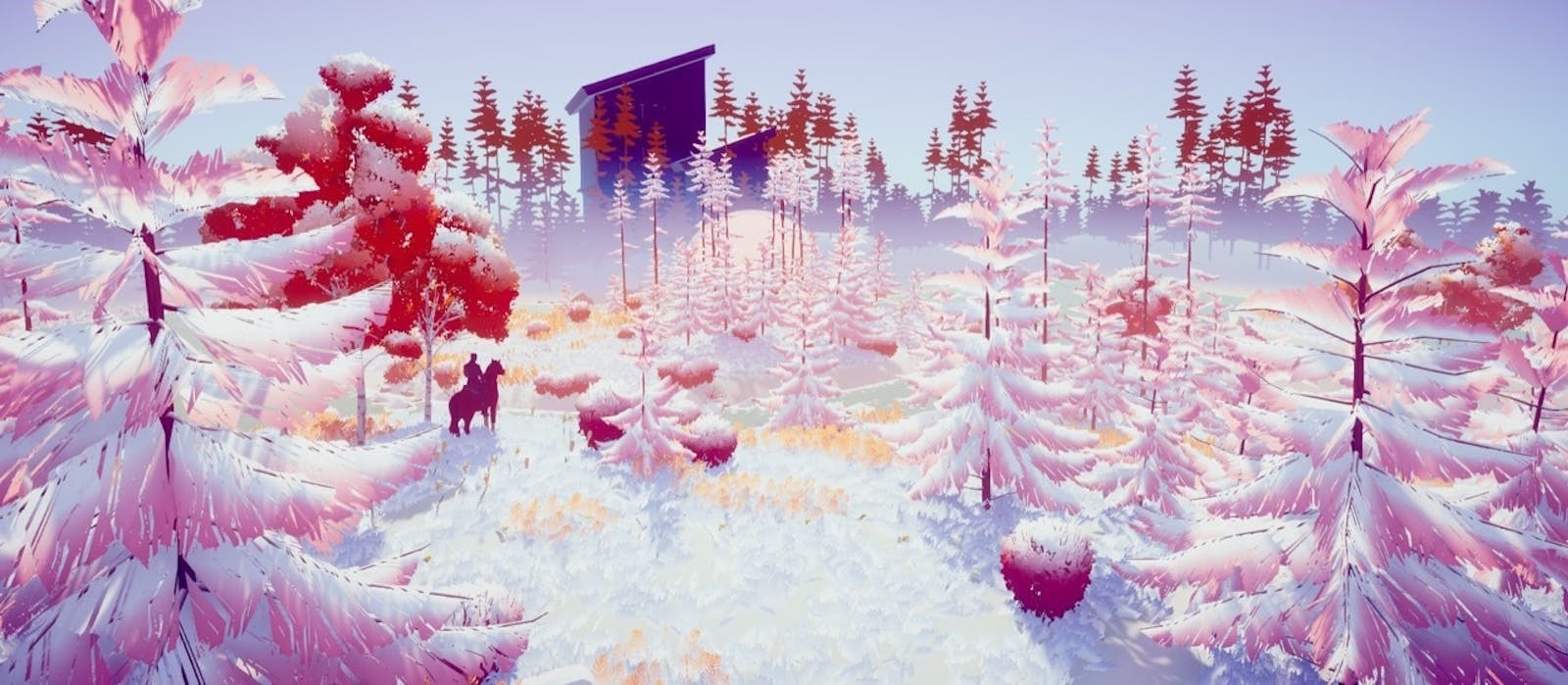 concept art of a snowy forest scene, with a character sat on a horse in the far left facing towards a building in the distance for a 3D game