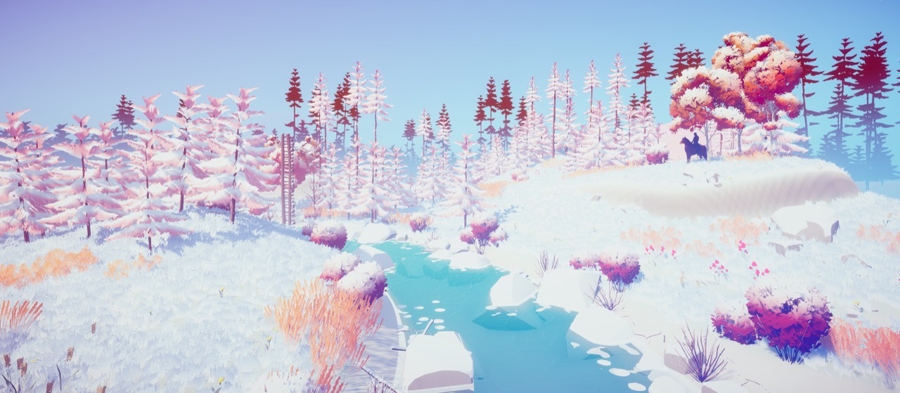 A snowy landscape with a woodland and river