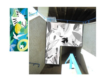 Two murals showing birds, one is on a wall leading to an underpass.