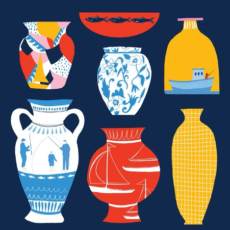 Illustration of six different vases and a bowl.