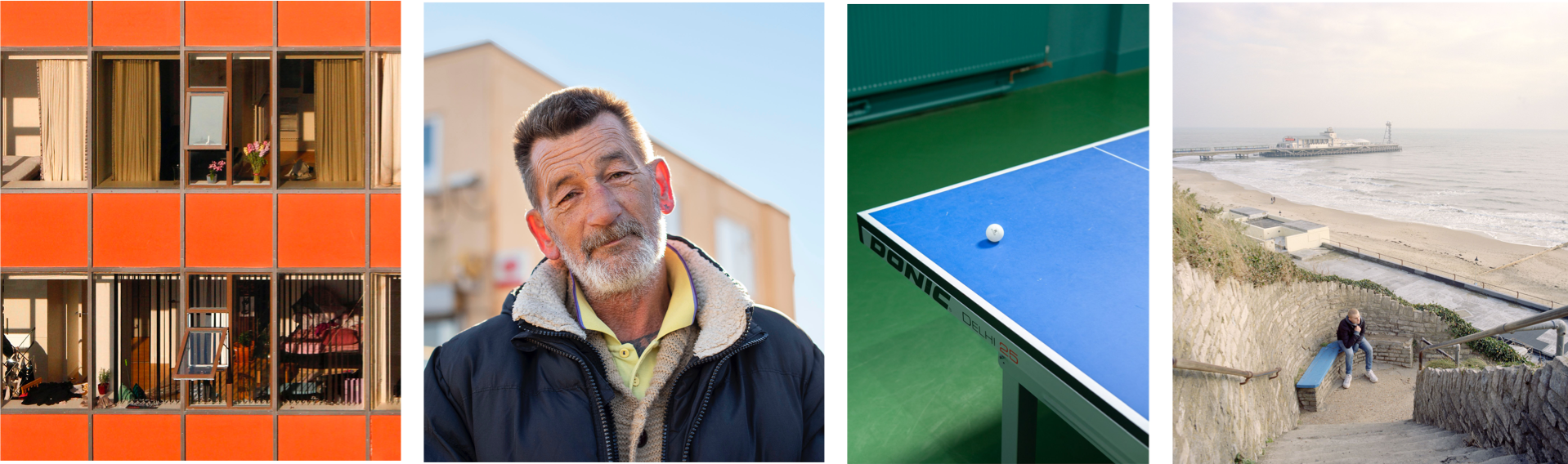 Four photos: rows of windows outside a building; headshot of a man with a building in the background; corner of a table tennis table with a ball on the end; a man sits on a corner bench at the foot of some steps, partway down a footpath with Bournemouth Pier, the beach and the sea in the distance