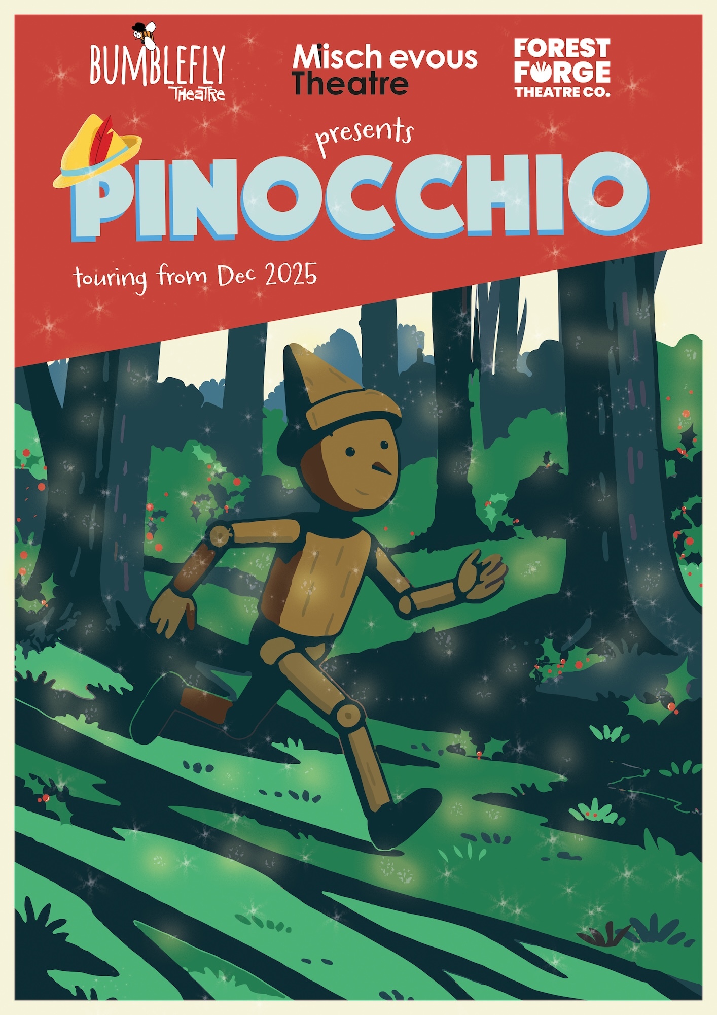Theatre poster with red banner at top featuring "PINOCCHIO" in blue letters. Below, wooden puppet figure runs through green forest with dark tree trunks.