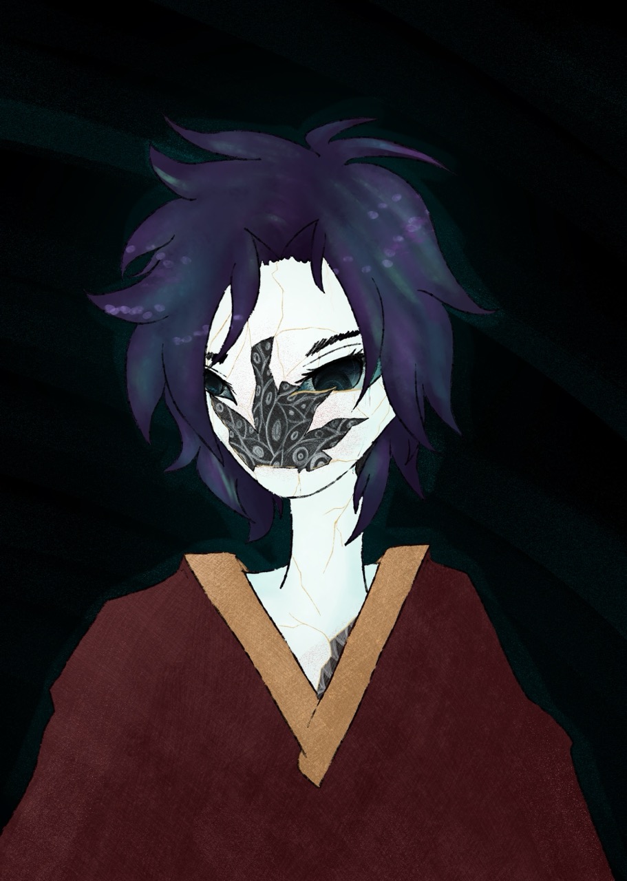 An anime-style character with purple hair and a patterned black face covering, wearing a maroon robe with a tan trim against a dark background.