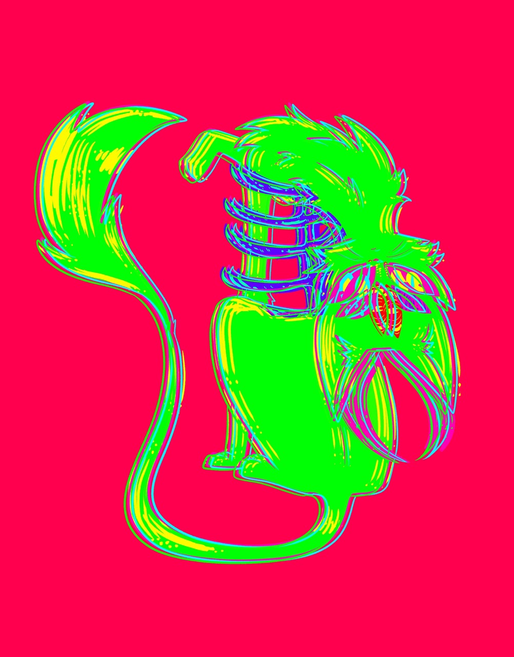 A neon green and yellow stylised cat illustration on a bright pink background, with a curled tail, striped body and leaf-like shapes.