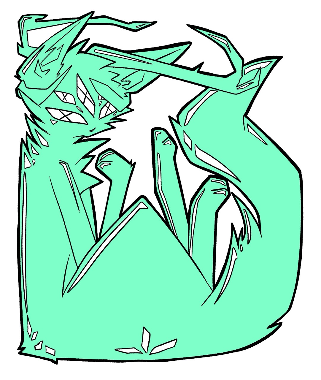 A mint green abstract fox creature with angular cut-out eyes and black outlines on a white background.