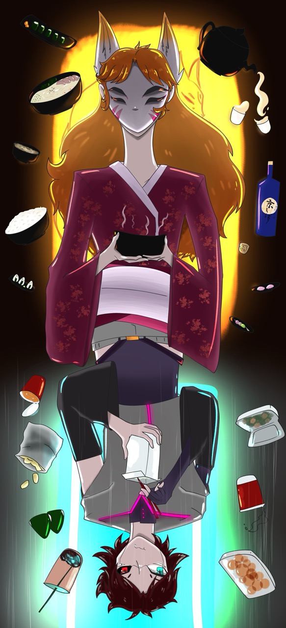 An anime-style illustration of two mirrored female characters in kimono-like outfits, surrounded by floating teacups and bottles against a glowing black background.